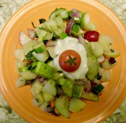 kitchen cuke radish mint herbs salad late jul19 - 1