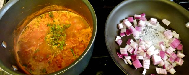 kitchen cooking tomato sauce and sauteeing onions 7 24 20 - 1